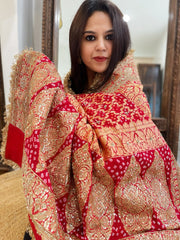 Tomato Red Handwoven NeemZari Bareek Bandhani with Sequin, Dabka Handwork in Pure Georgette - Masakalee