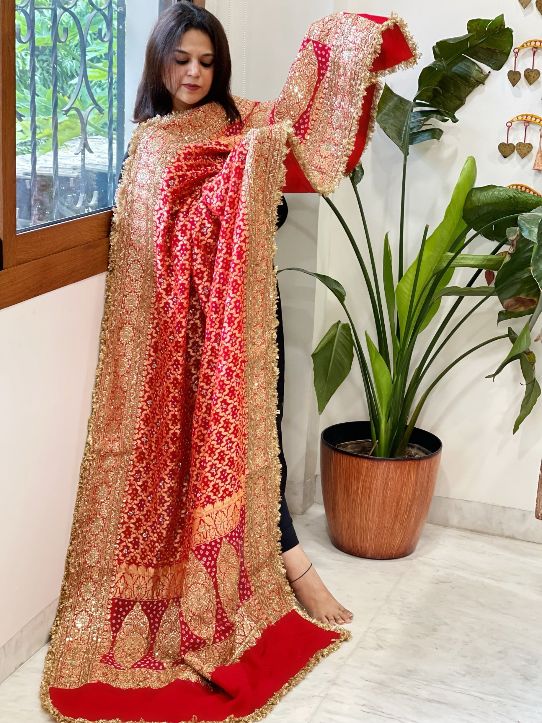 Tomato Red Handwoven NeemZari Bareek Bandhani with Sequin, Dabka Handwork in Pure Georgette - Masakalee