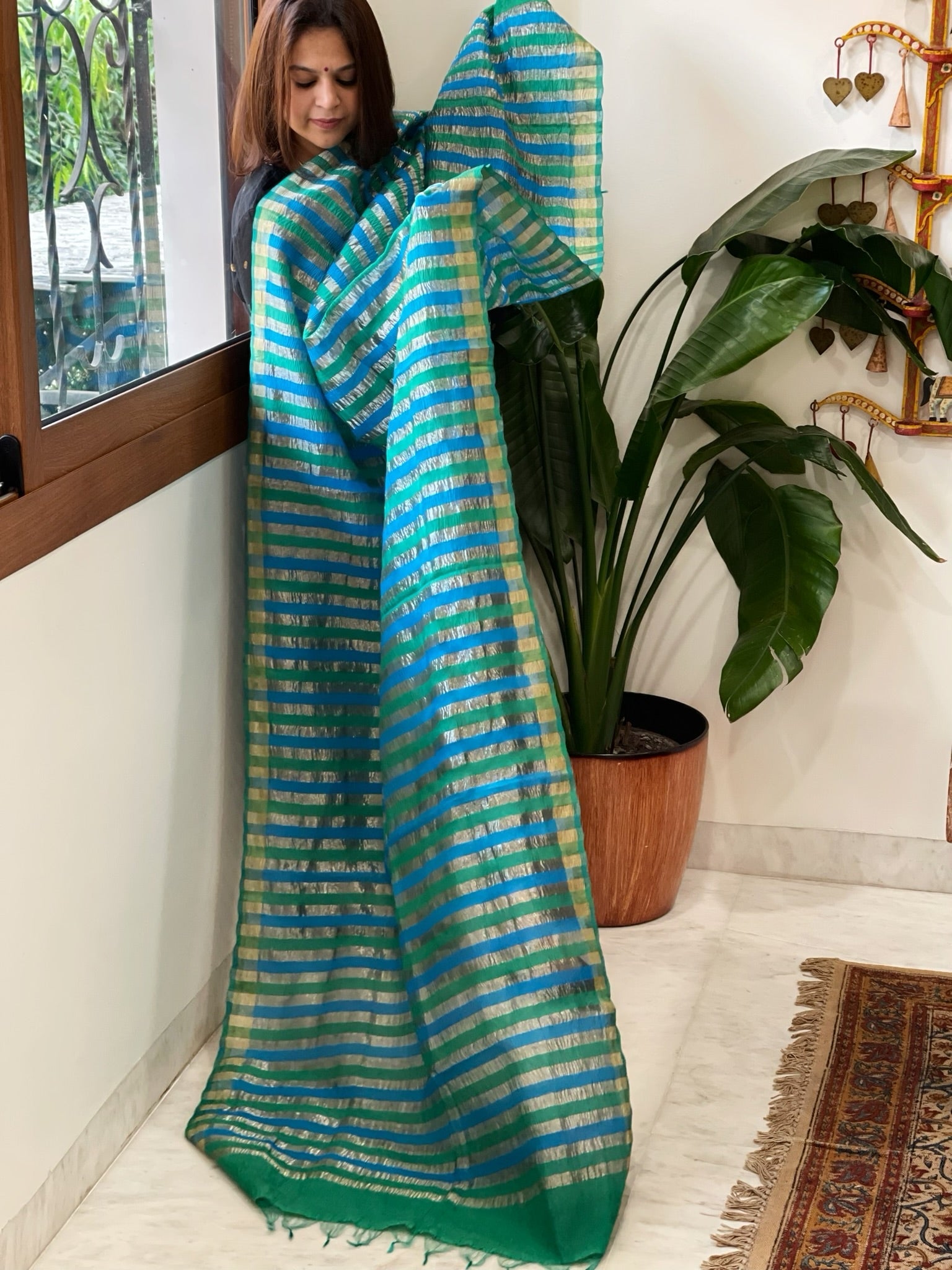 Turquoise, Blue Handwoven Chanderi Tissue Dupatta - Masakalee