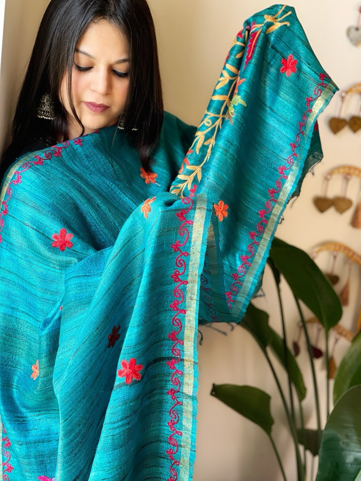 Turquoise Blue Kashmiri Aari Embroidered Dupatta in Geecha Silk - Masakalee