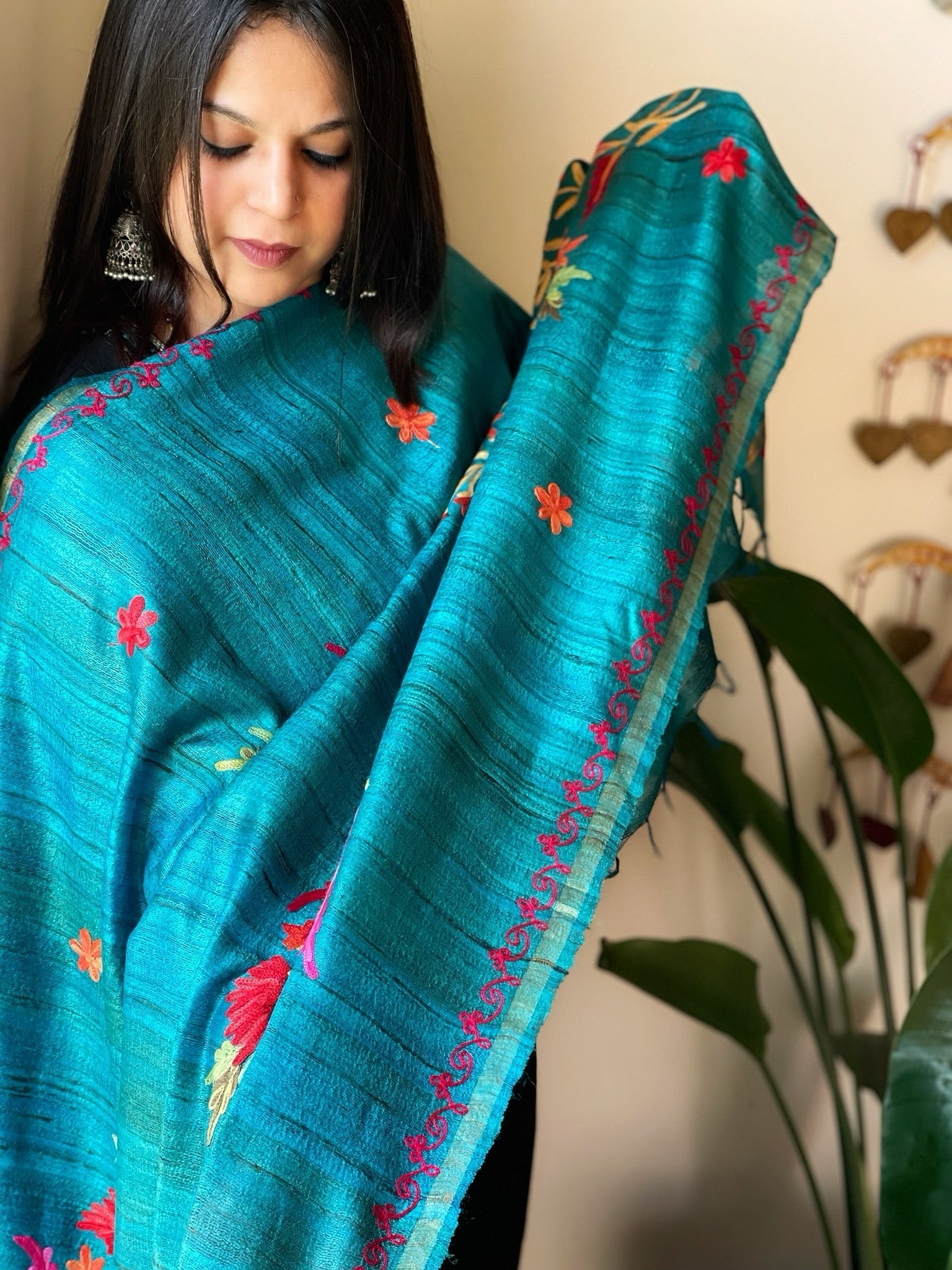 Turquoise Blue Kashmiri Aari Embroidered Dupatta in Geecha Silk - Masakalee