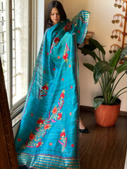 Turquoise Blue Kashmiri Aari Embroidered Dupatta in Geecha Silk - Masakalee