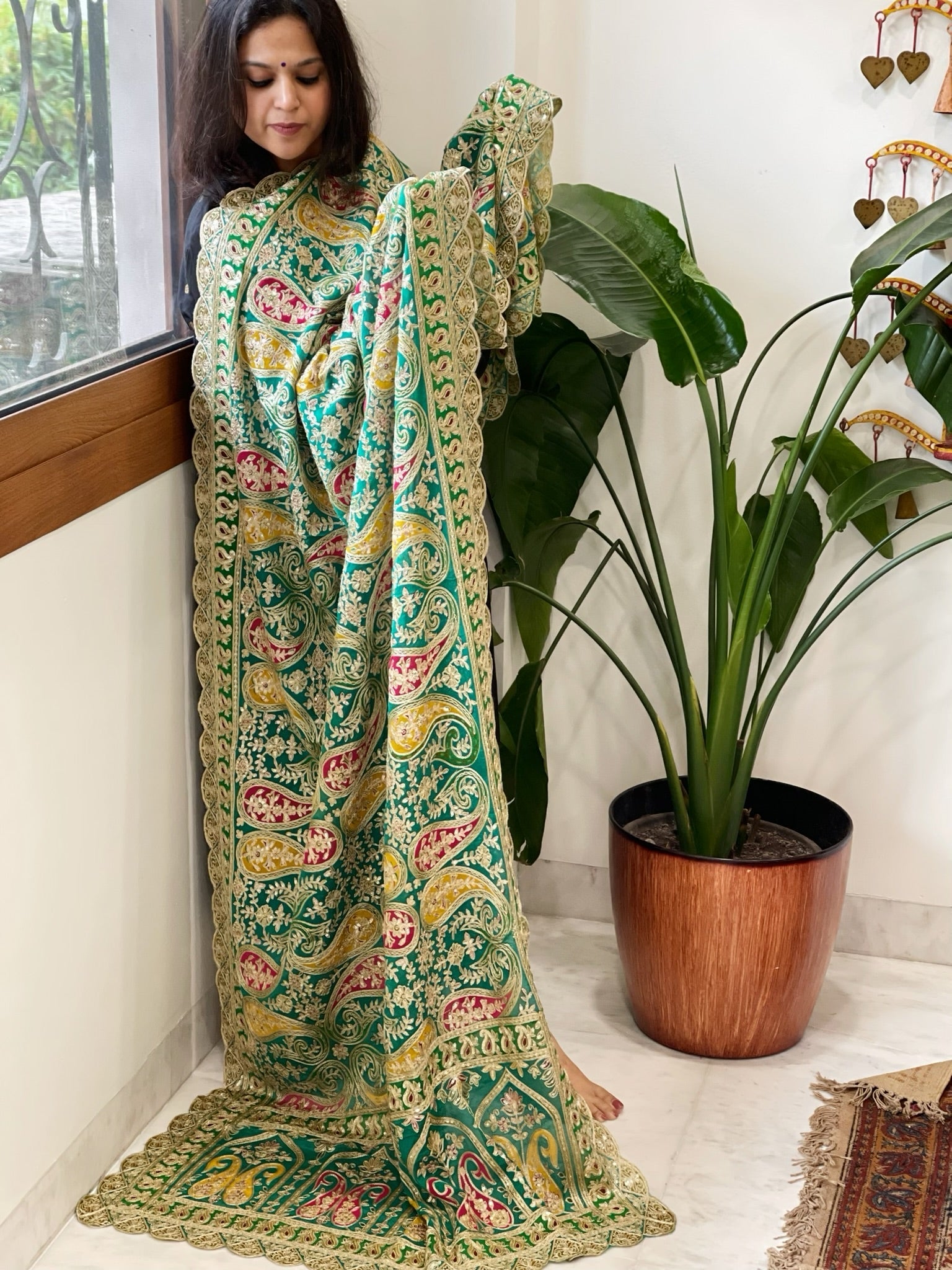 Turquoise Chinon Dupatta with Aari Embroidery - Masakalee