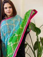 Turquoise, Green Chinon Dupatta with Gota Lace Work - Masakalee