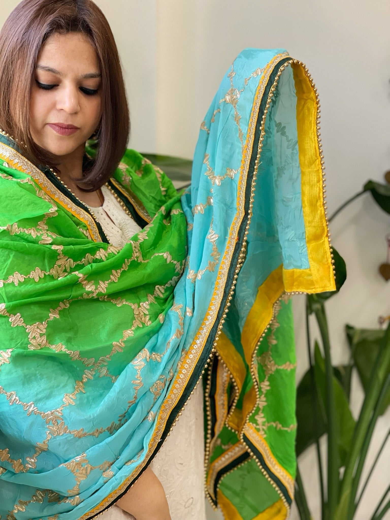 Turquoise, Green Chinon Dupatta with Gota Lace Work - Masakalee