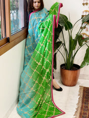 Turquoise, Green Chinon Dupatta with Gota Lace Work - Masakalee