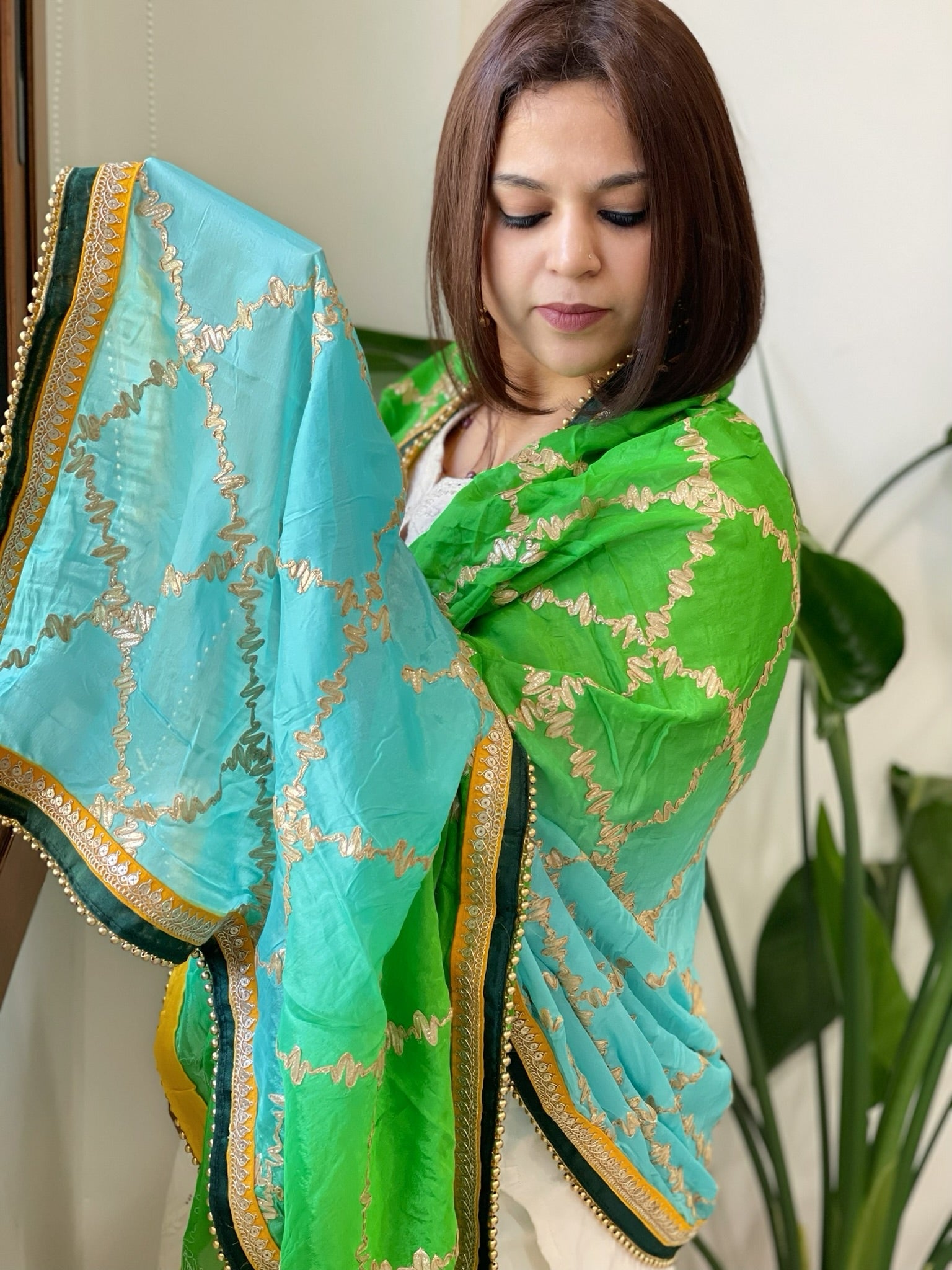 Turquoise, Green Chinon Dupatta with Gota Lace Work - Masakalee