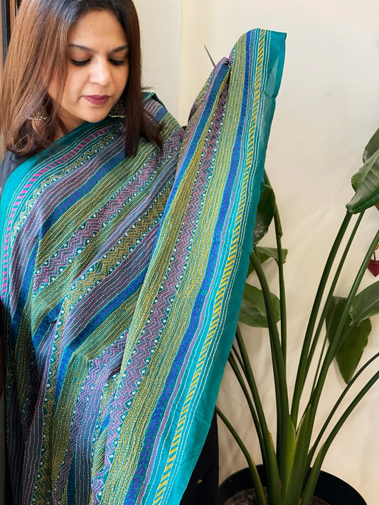 Turquoise Handmade Kantha Dupatta in Silk - Masakalee