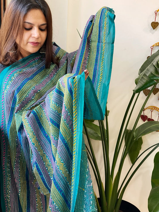 Turquoise Handmade Kantha Dupatta in Silk - Masakalee