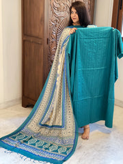 Turquoise Suit Set with Kantha Stitch Work on Glazed Cotton - Masakalee