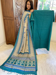 Turquoise Suit Set with Kantha Stitch Work on Glazed Cotton - Masakalee