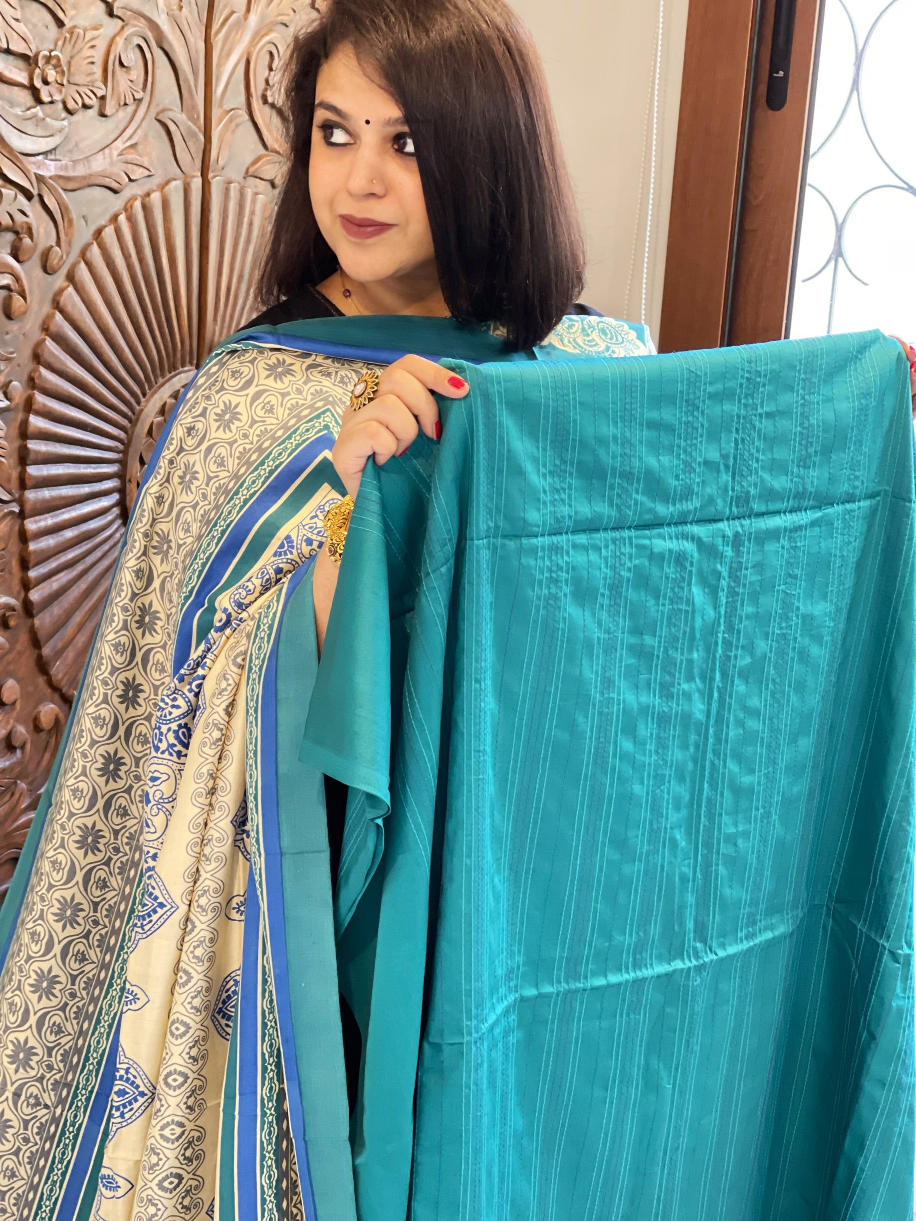 Turquoise Suit Set with Kantha Stitch Work on Glazed Cotton - Masakalee