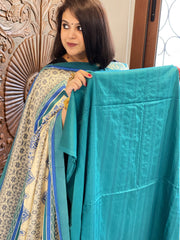 Turquoise Suit Set with Kantha Stitch Work on Glazed Cotton - Masakalee