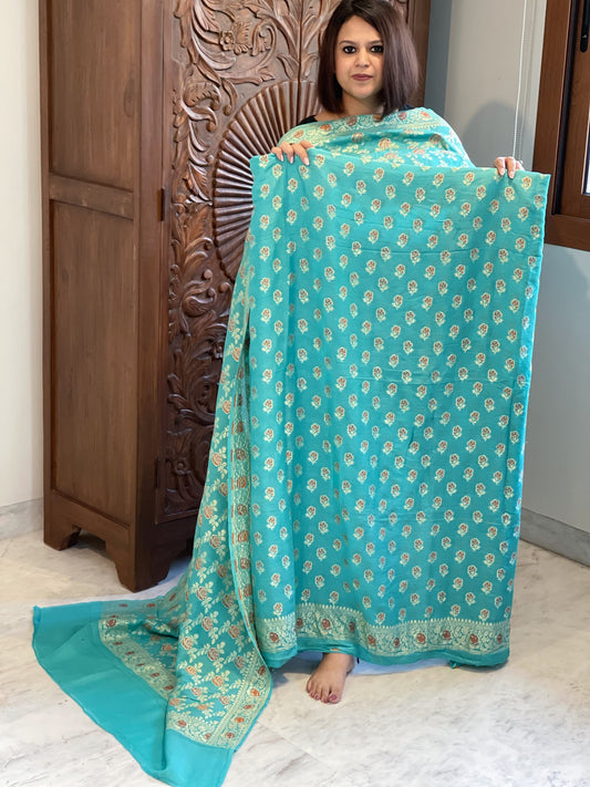 Turquoise Woven Suit Set with Zari and Meenakari in Weaving in Pure Moonga Silk - Masakalee