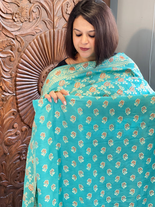 Turquoise Woven Suit Set with Zari and Meenakari in Weaving in Pure Moonga Silk - Masakalee
