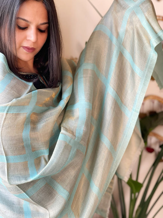 Turquoise Woven Zari Pashmina Check Design Stole - Masakalee