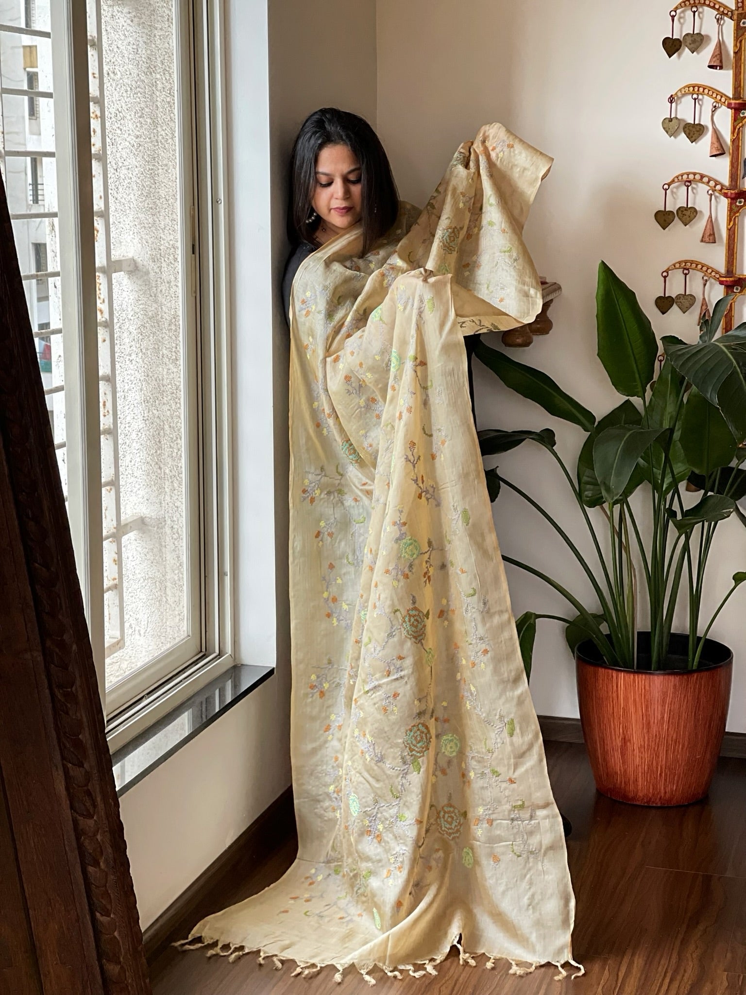 Tussar Silk Dupatta with cross - stitch embroidery - Masakalee