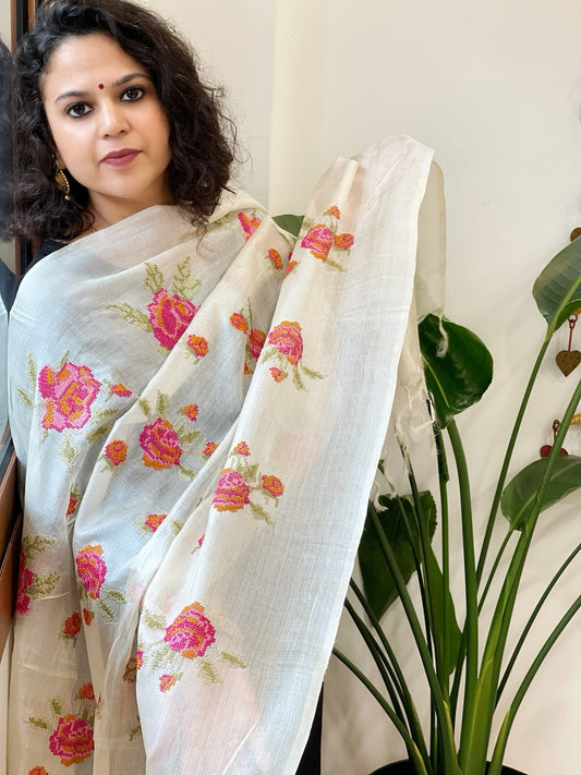 Tussar Silk Dupatta with cross - stitch embroidery - Masakalee