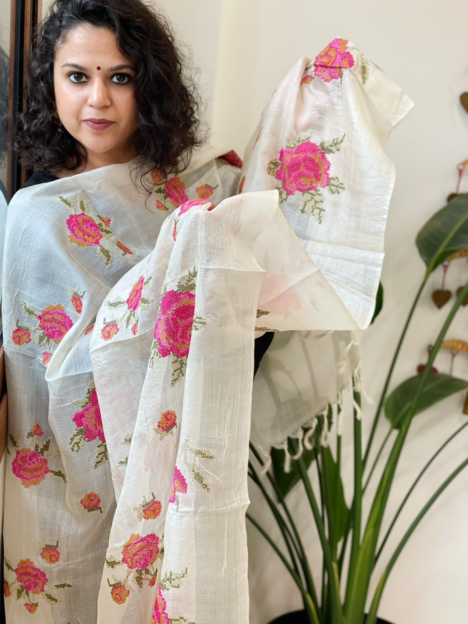 Tussar Silk Dupatta with cross - stitch embroidery - Masakalee