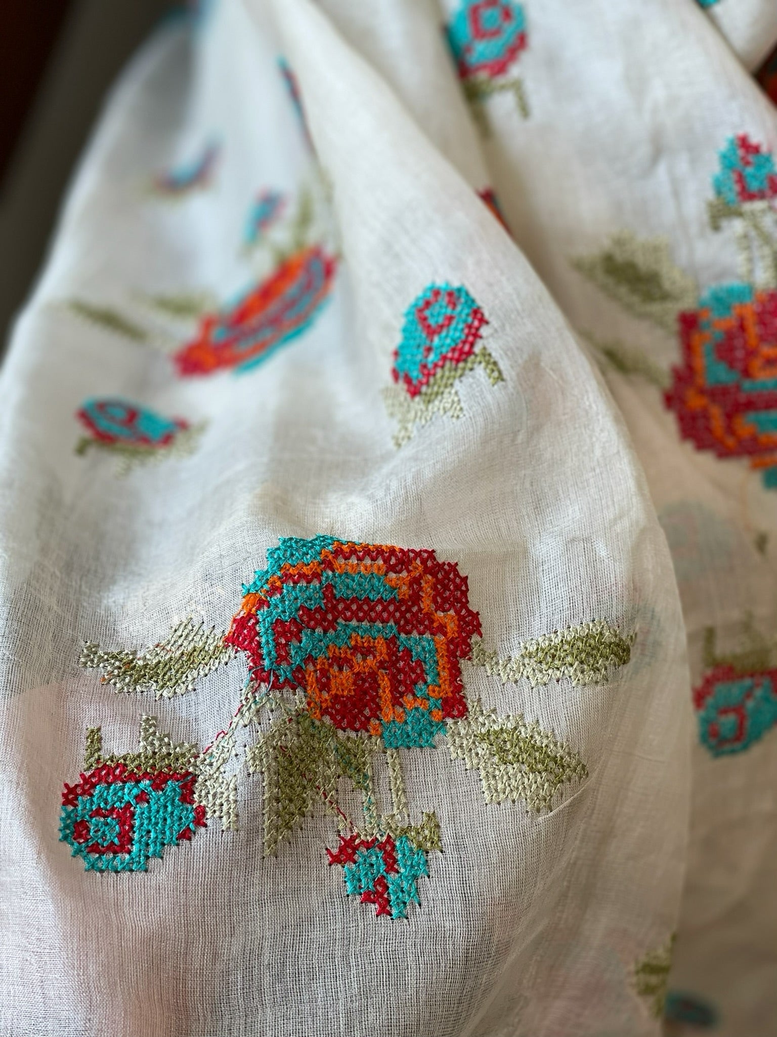 Tussar Silk Dupatta with cross - stitch embroidery - Masakalee
