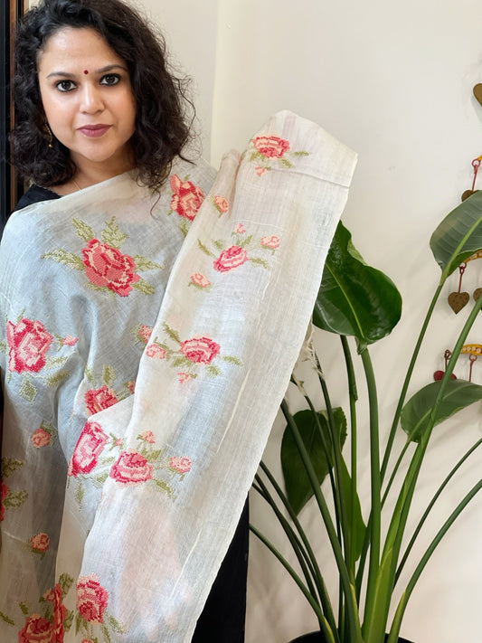 Tussar Silk Dupatta with cross - stitch embroidery - Masakalee