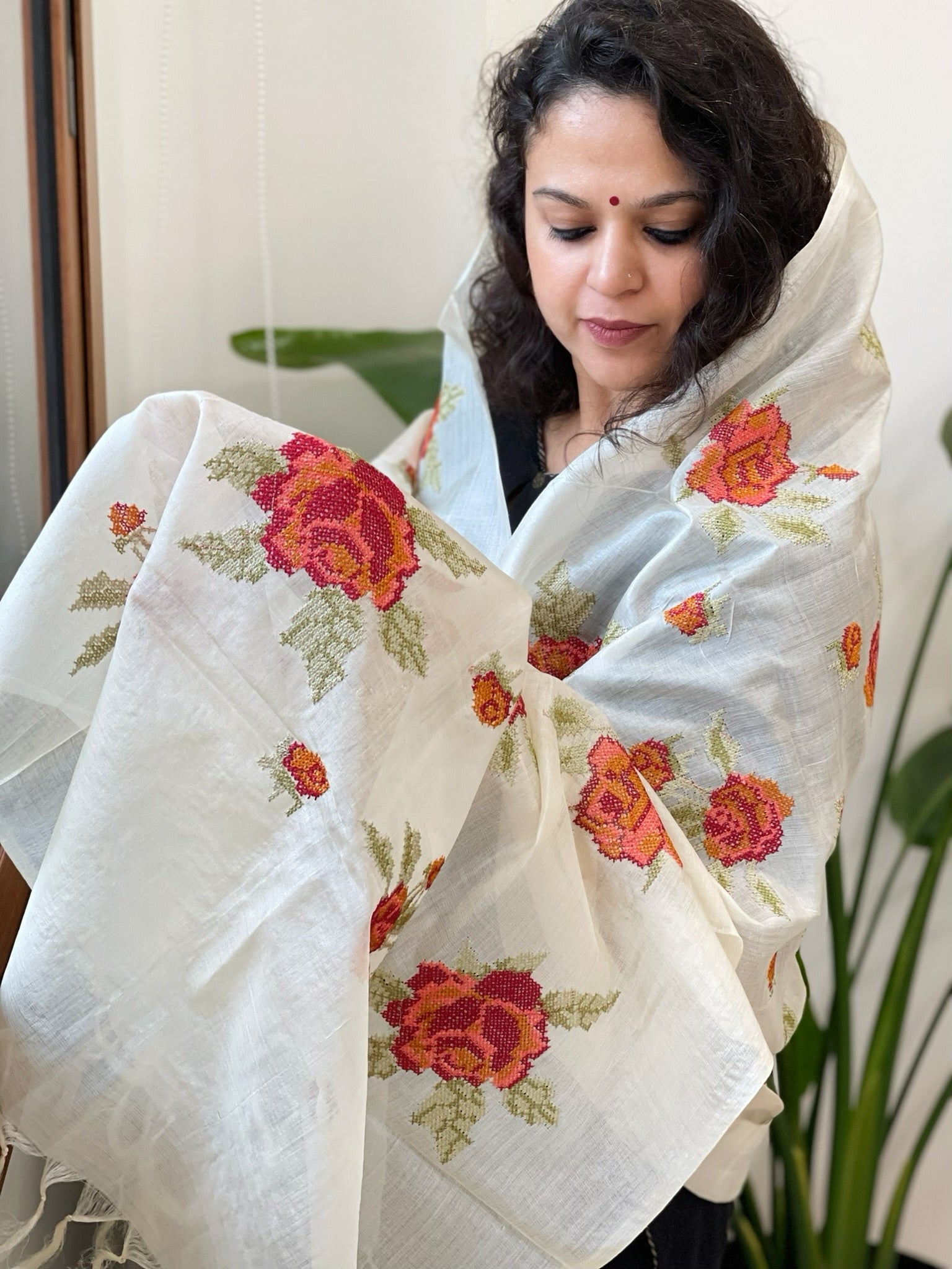 Tussar Silk Dupatta with cross - stitch embroidery - Masakalee