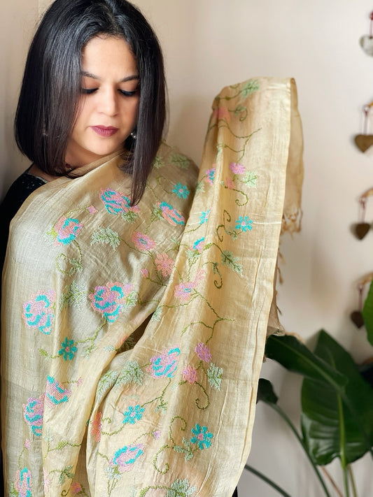 Tussar Silk Dupatta with cross - stitch embroidery - Masakalee