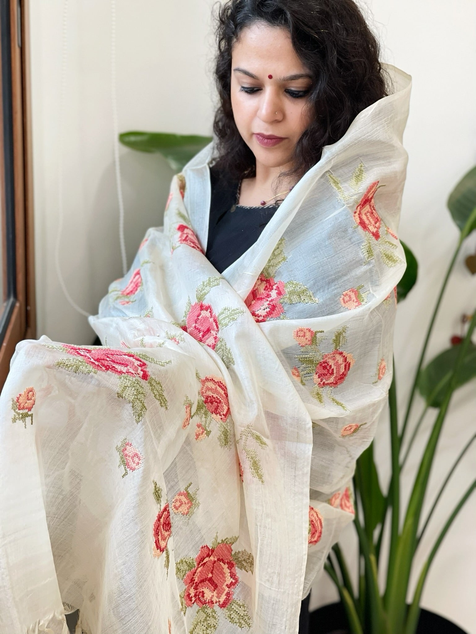 Tussar Silk Dupatta with cross - stitch embroidery - Masakalee