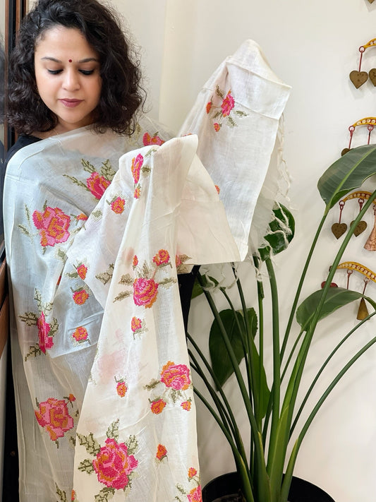 Tussar Silk Dupatta with cross - stitch embroidery - Masakalee