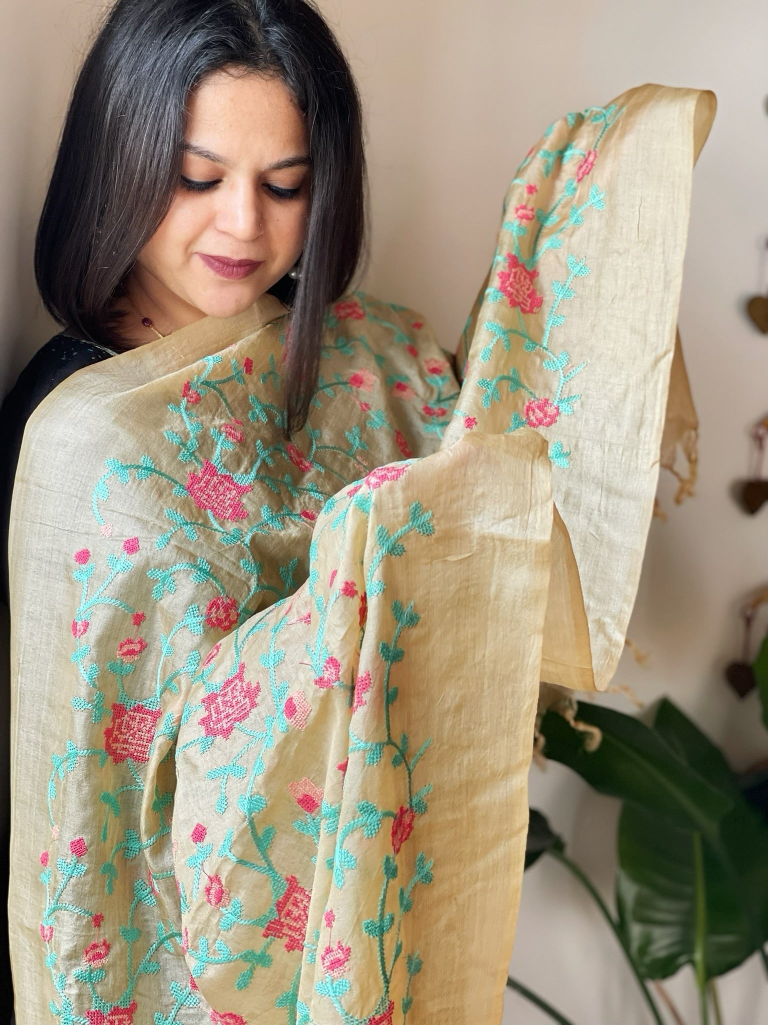 Tussar Silk Dupatta with cross - stitch embroidery - Masakalee