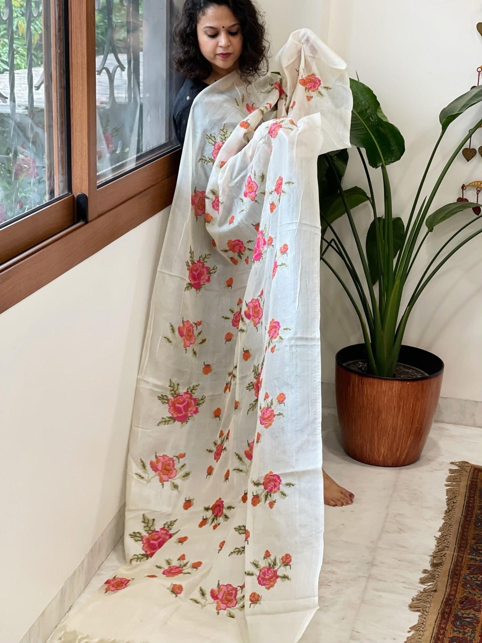 Tussar Silk Dupatta with cross - stitch embroidery - Masakalee