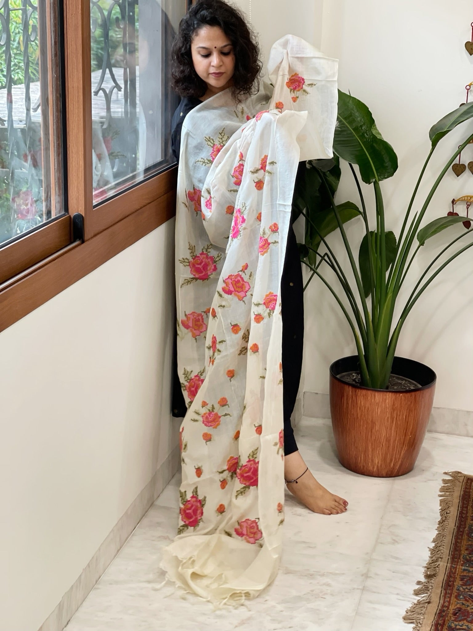 Tussar Silk Dupatta with cross - stitch embroidery - Masakalee