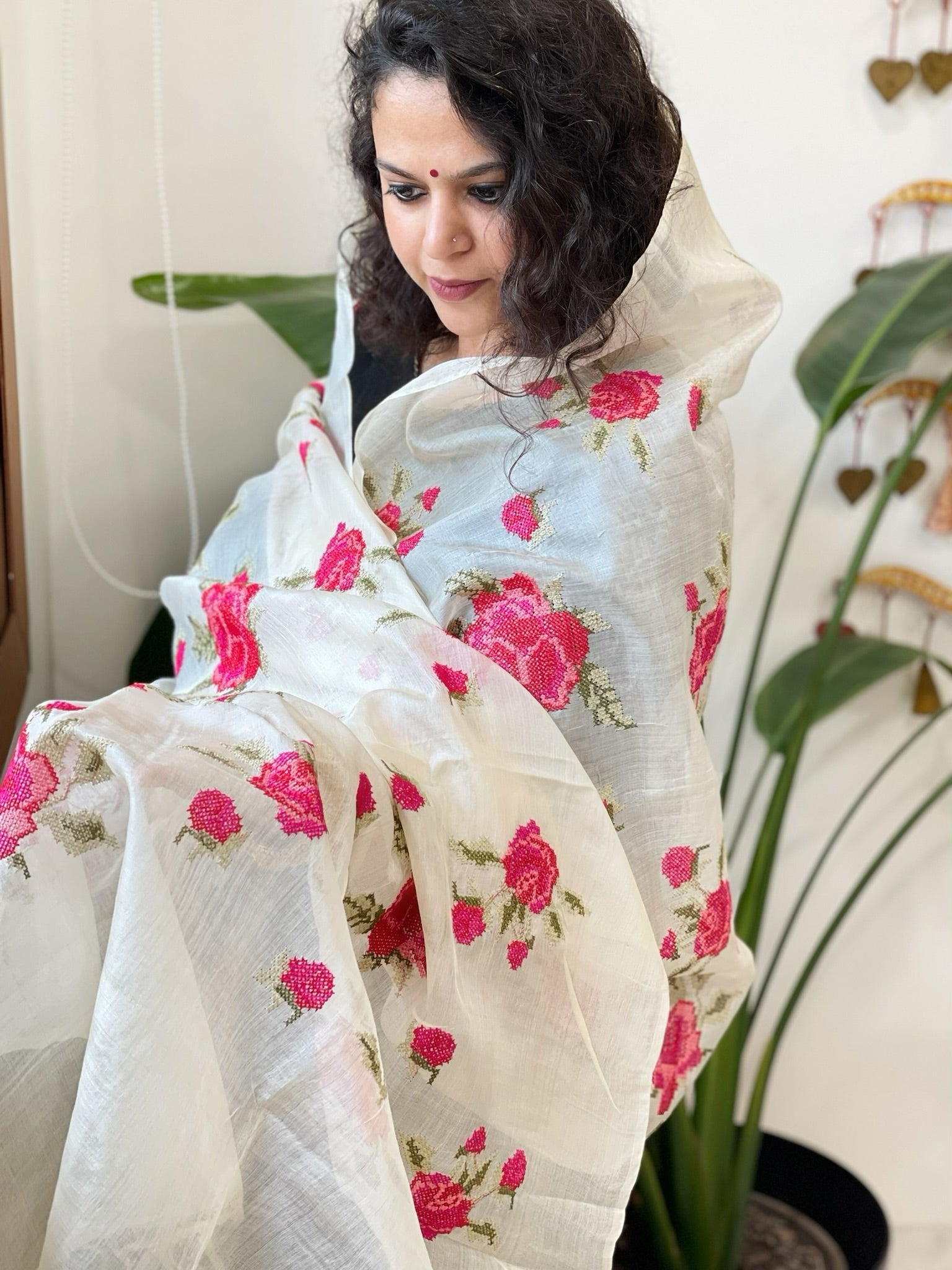 Tussar Silk Dupatta with cross - stitch embroidery - Masakalee