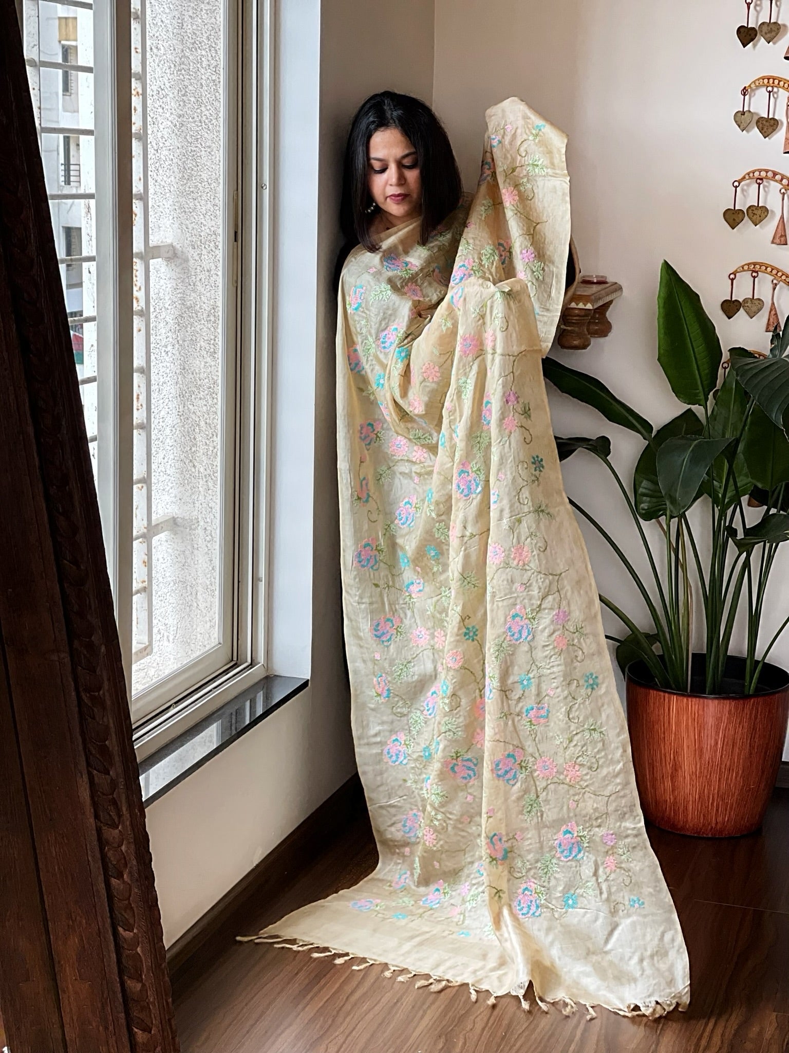 Tussar Silk Dupatta with cross - stitch embroidery - Masakalee