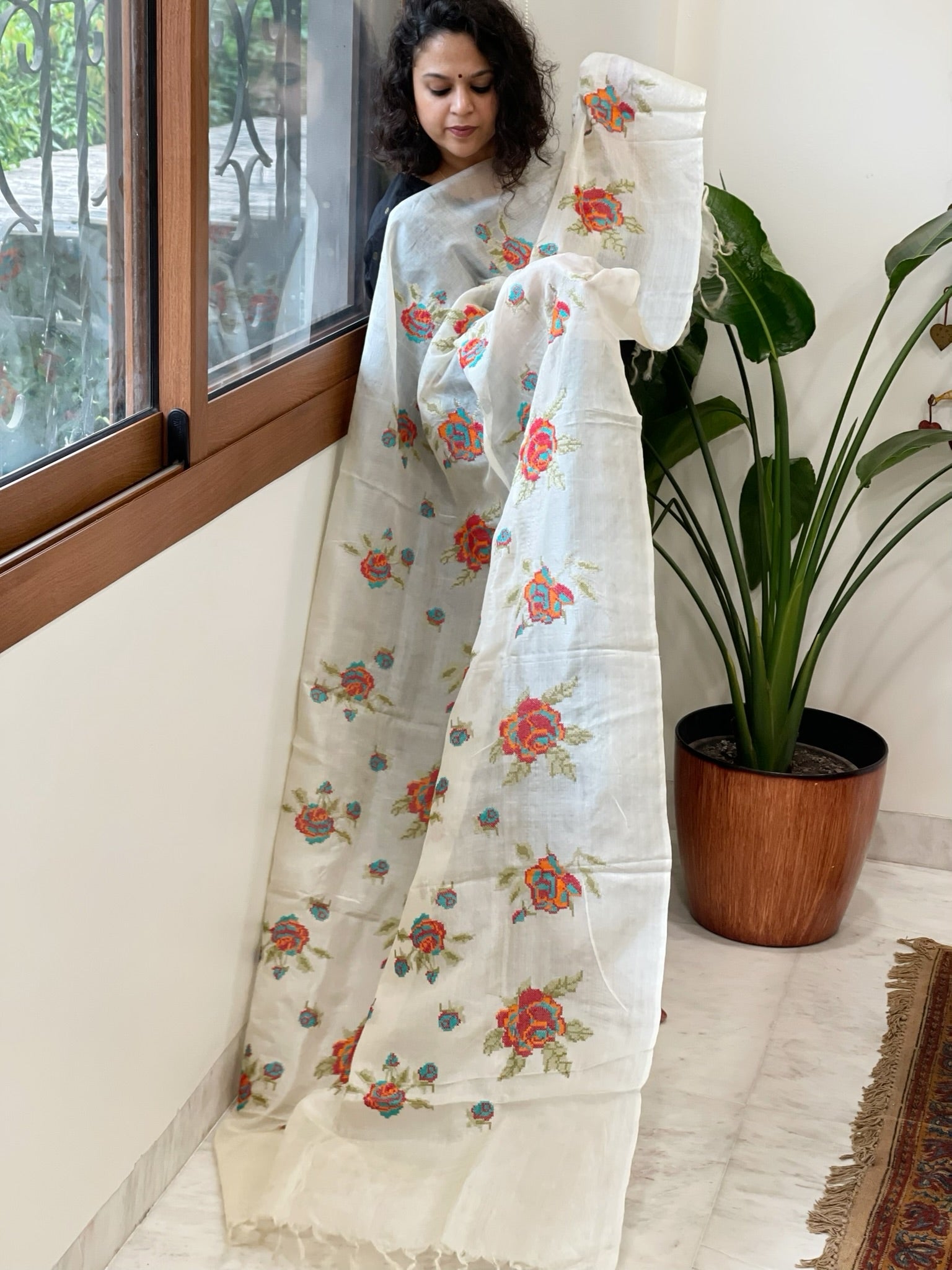 Tussar Silk Dupatta with cross - stitch embroidery - Masakalee