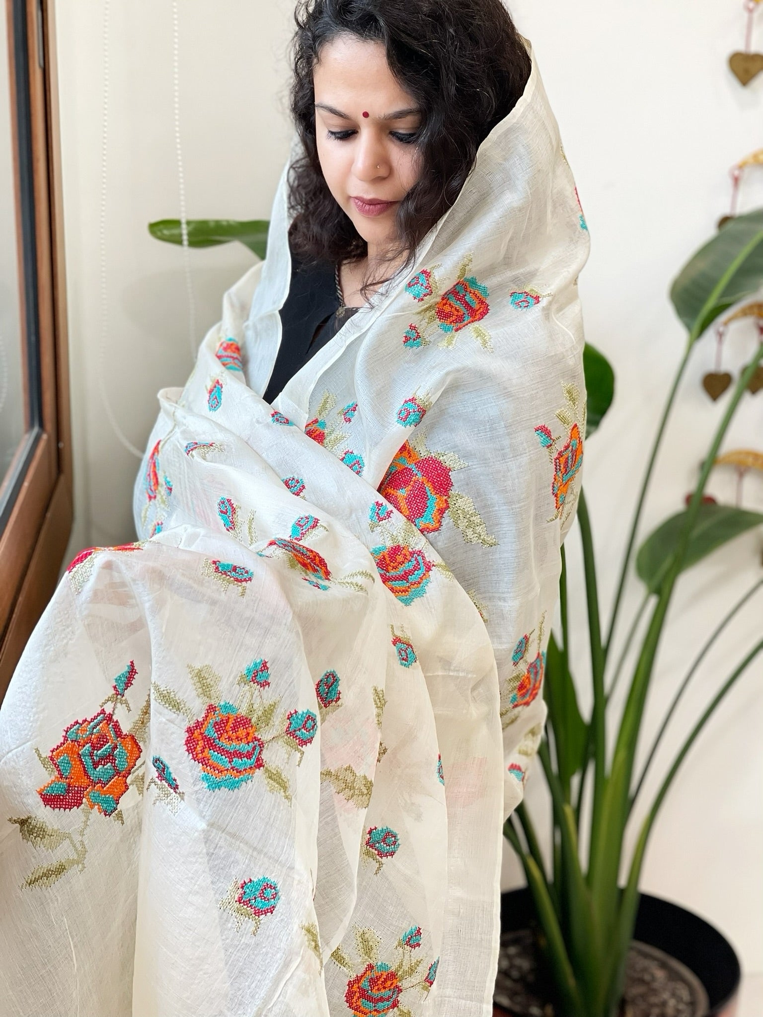 Tussar Silk Dupatta with cross - stitch embroidery - Masakalee