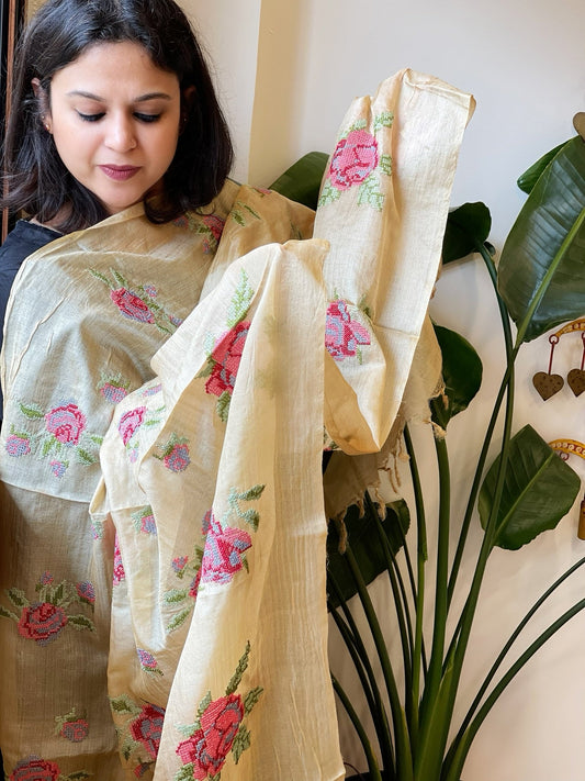 Tussar Silk Dupatta with cross - stitch embroidery - Masakalee
