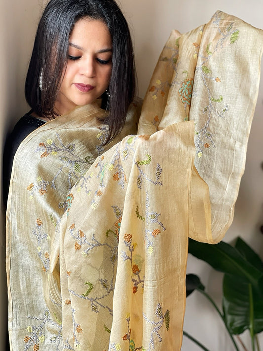 Tussar Silk Dupatta with cross - stitch embroidery - Masakalee