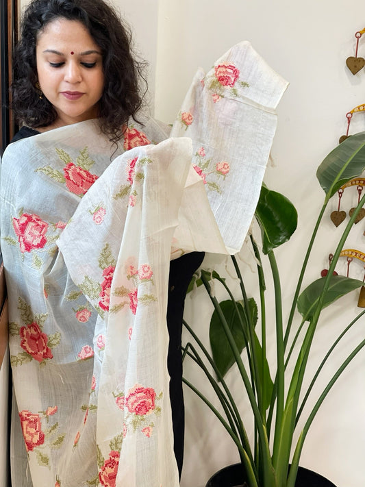 Tussar Silk Dupatta with cross - stitch embroidery - Masakalee