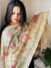Tussar Silk Dupatta with cross - stitch embroidery - Masakalee