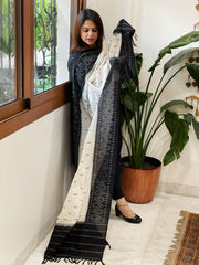 White, Black Handwoven Ikat Dupatta in Cotton - Masakalee
