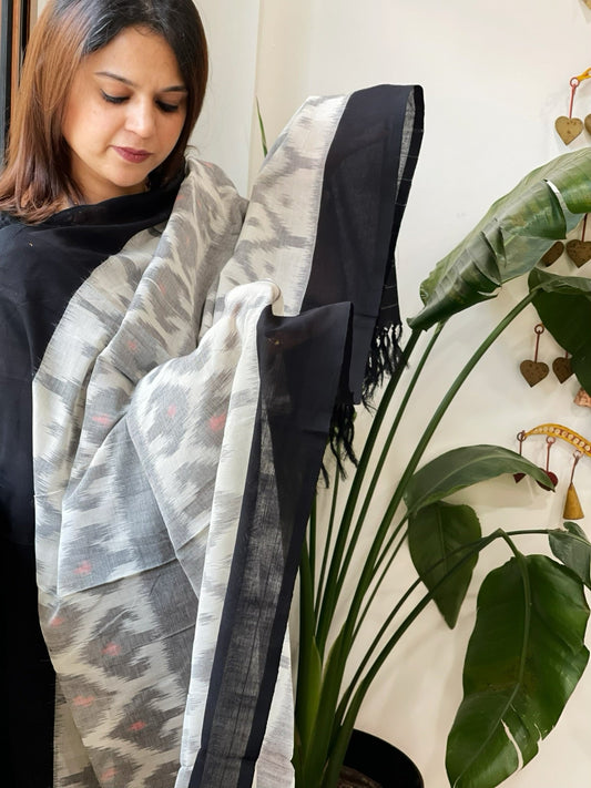 White, Black Handwoven Ikat Dupatta in Cotton - Masakalee