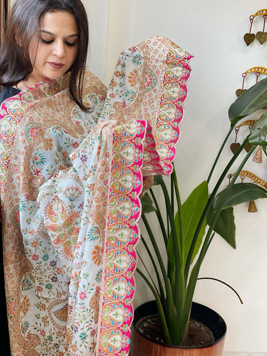 White Chinon Dupatta with Aari Embroidery - Masakalee