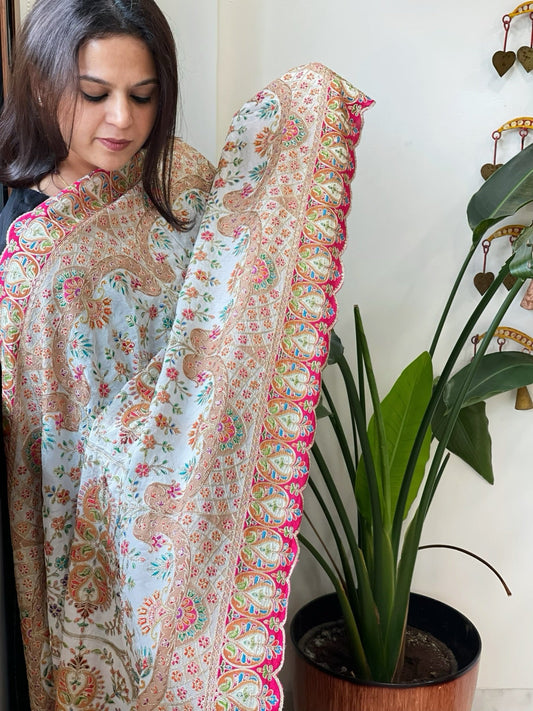 White Chinon Dupatta with Aari Embroidery - Masakalee