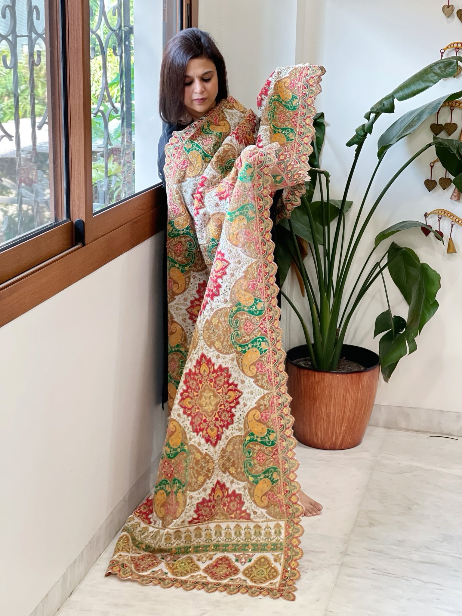 White Chinon Dupatta with Aari Embroidery - Masakalee