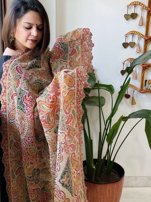 White Chinon Dupatta with Aari Embroidery - Masakalee