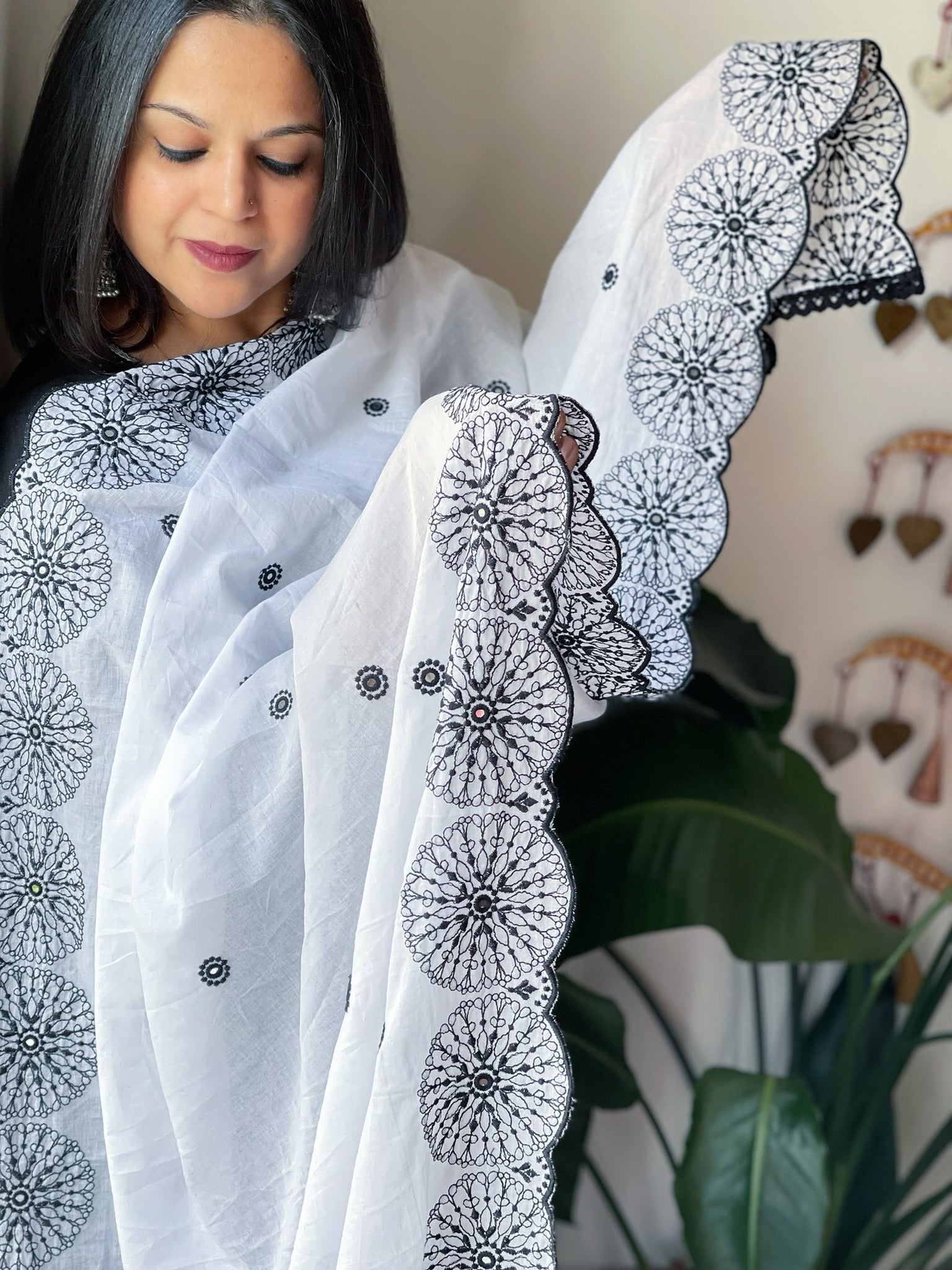 White Cotton Dupatta with Embroidery and Foil Mirror Work - Masakalee