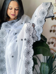 White Cotton Dupatta with Embroidery and Foil Mirror Work - Masakalee