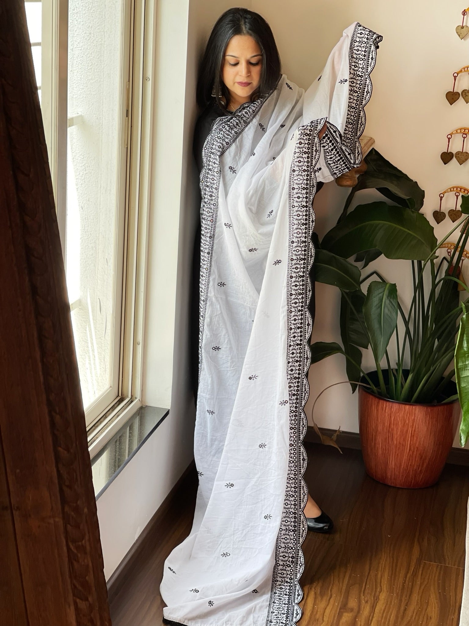 White Cotton Dupatta with Embroidery and Foil Mirror Work - Masakalee