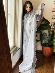 White Cotton Dupatta with Embroidery and Foil Mirror Work - Masakalee